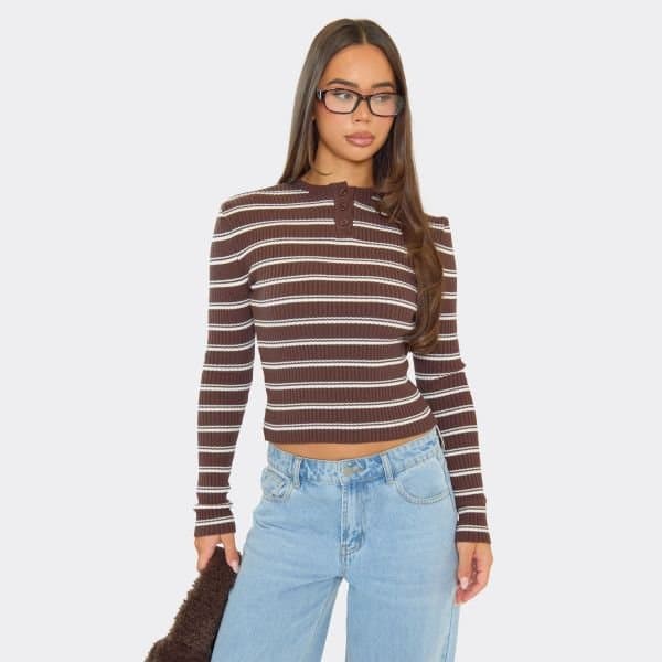 EGO Long Sleeve Button Detail Fitted Top In Brown Stripe Rib Knit, Women's Size UK Large L