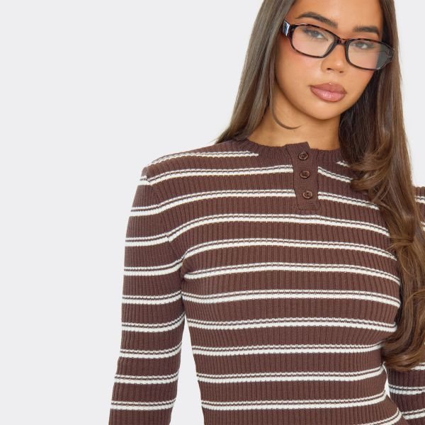 EGO Long Sleeve Button Detail Fitted Top In Brown Stripe Rib Knit, Women's Size UK Large L - 2