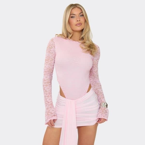 EGO Lace Long Sleeve Crew Neck Bodysuit In Baby Pink, Women's Size UK 8