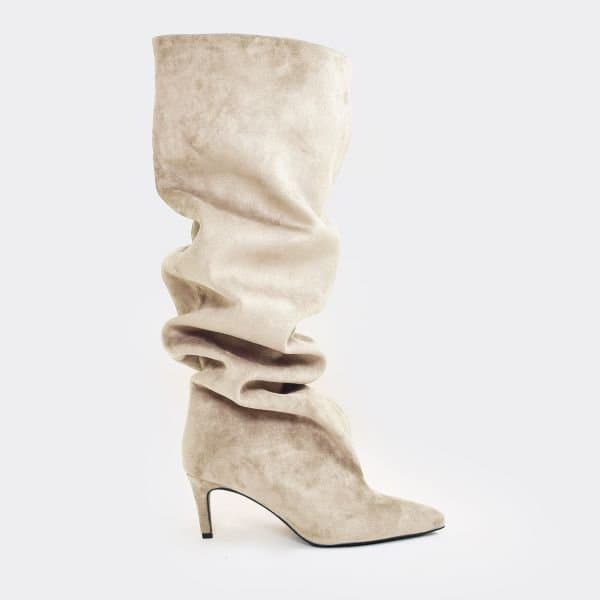 EGO Bride Pointed Toe Knee High Kitten Heel Boot In Beige Faux Suede, Women's Size UK 3