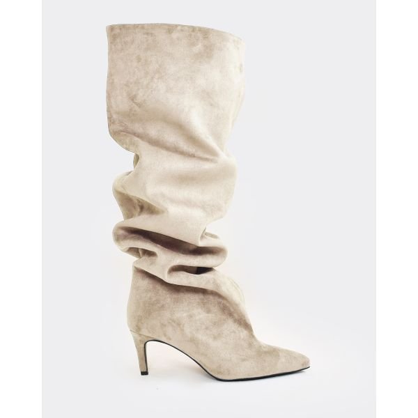 EGO Bride Pointed Toe Knee High Kitten Heel Boot In Beige Faux Suede, Women's Size UK 3 - 2