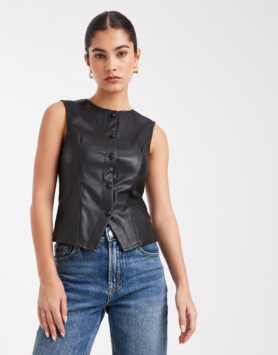 ASOS Miss Selfridge faux leather waistcoat in black