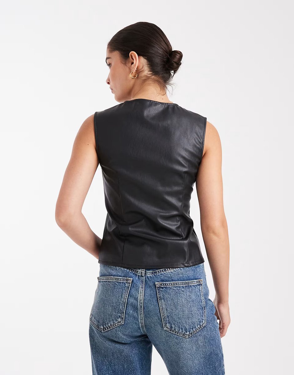 ASOS Miss Selfridge faux leather waistcoat in black - 4