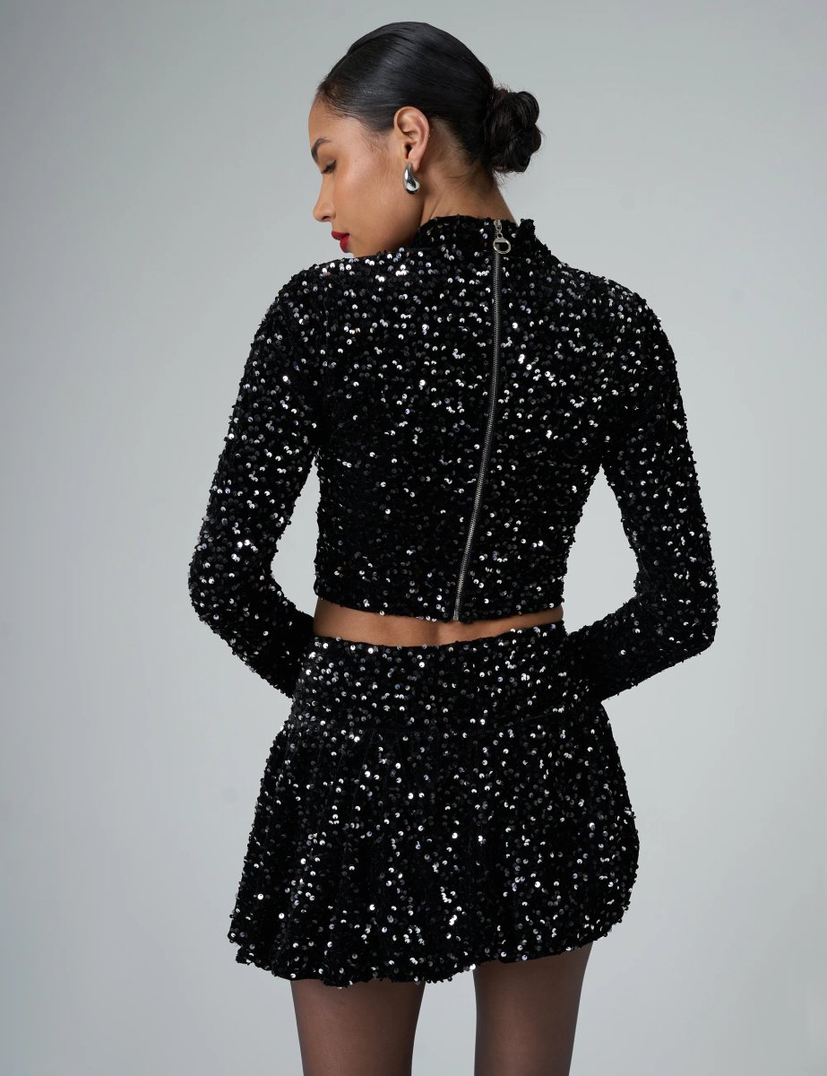 Public Desire Bow Detail Sequin Long Sleeve Cropped Top Black - 3