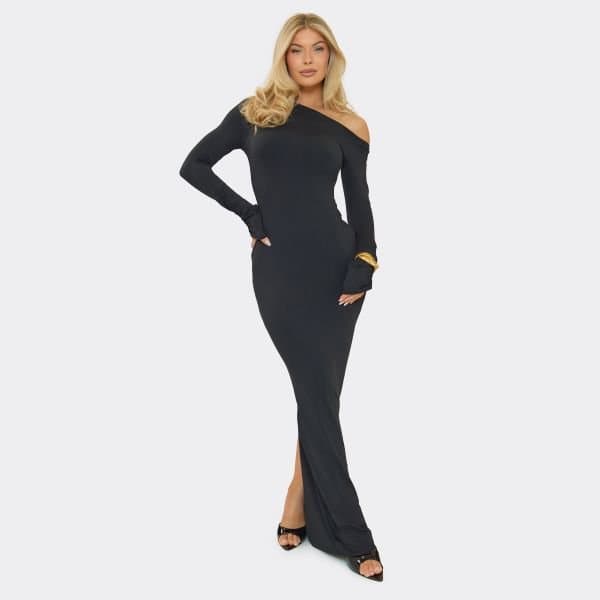 EGO Asymmetric Long Sleeve Ruched Detail Maxi Dress In Black, Women's Size UK 6