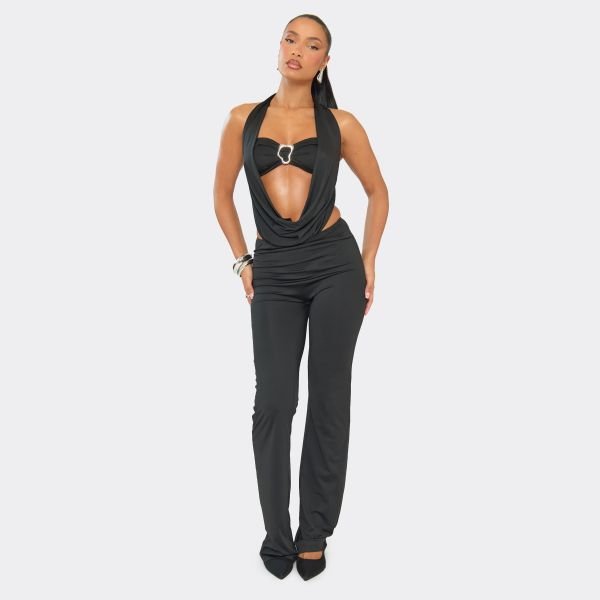 EGO Cowl Neck Trim Detail Flared Leg Jumpsuit In Black, Women's Size UK 6 - 1