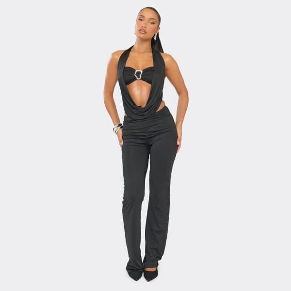 EGO Cowl Neck Trim Detail Flared Leg Jumpsuit In Black, Women's Size UK 6