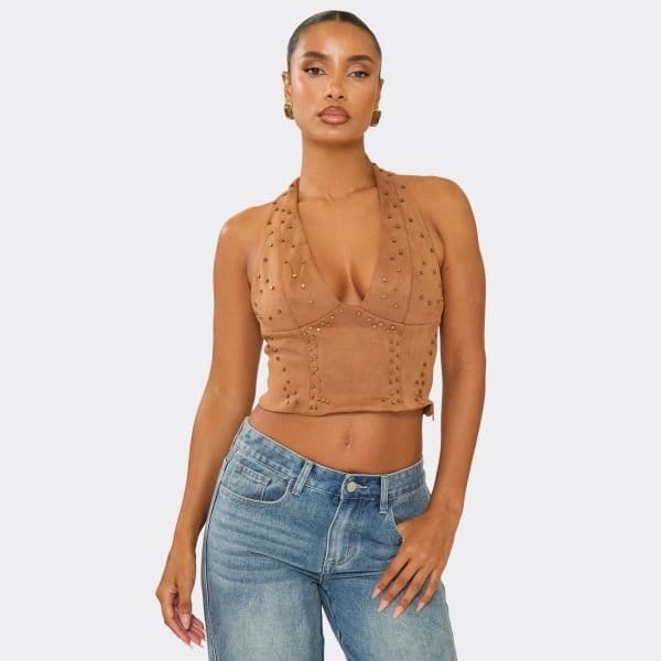 EGO Plunge Halterneck Studded Detail Top In Brown Faux Suede, Women's Size UK 6 - 1
