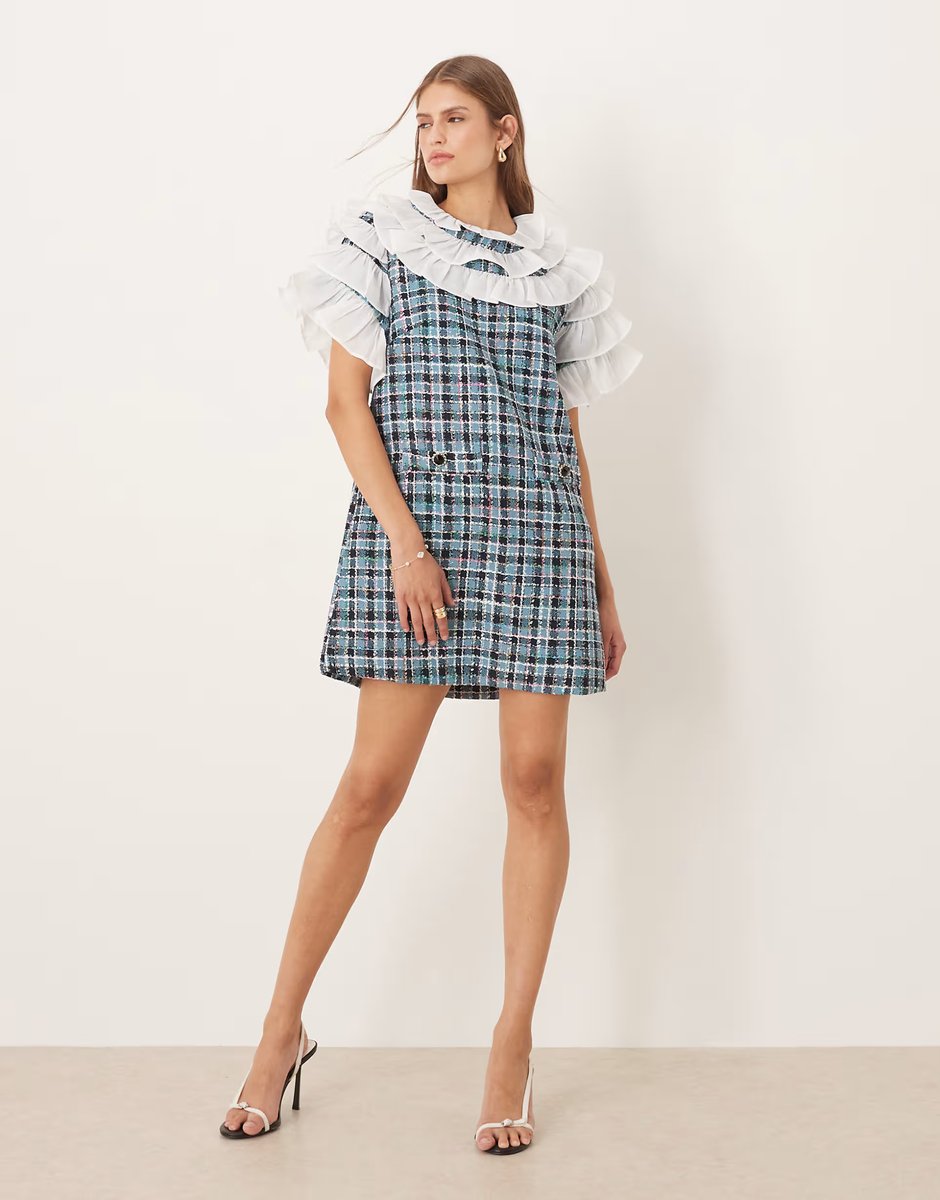 ASOS Sister Jane ruffle top tweed check mini dress in blue - 3