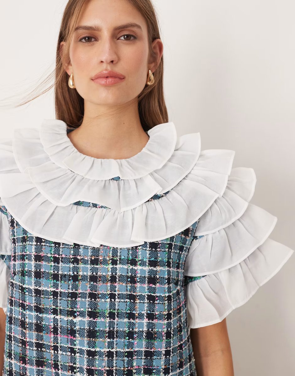 ASOS Sister Jane ruffle top tweed check mini dress in blue - 4