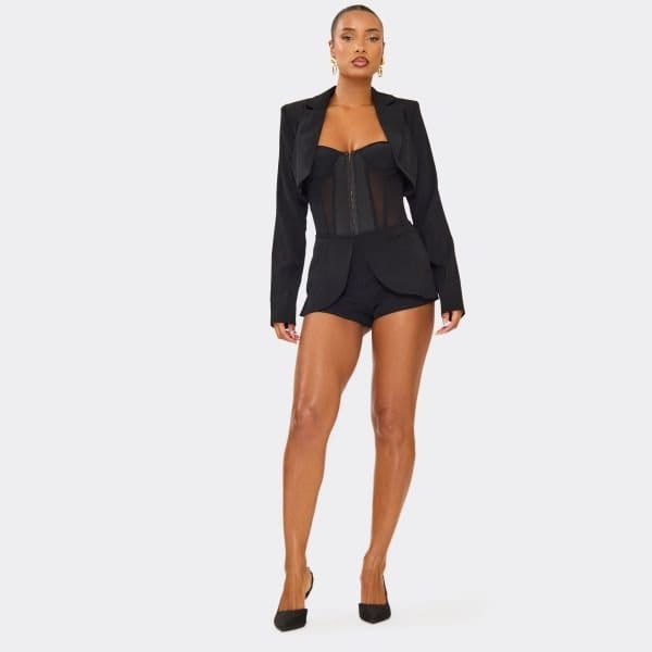 EGO Mid Rise Fold Over Waist Tailored Shorts In Black, Women's Size UK 6 - 1