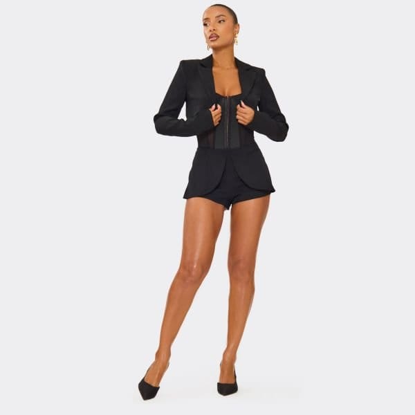 EGO Mid Rise Fold Over Waist Tailored Shorts In Black, Women's Size UK 6 - 2