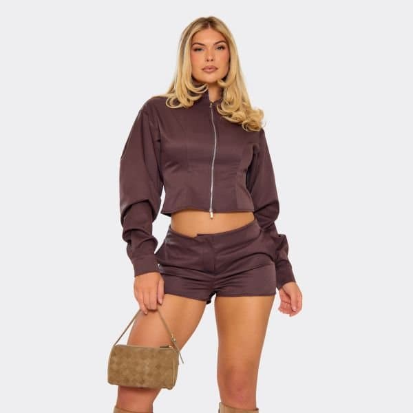 EGO Balloon Sleeve Double Zip Up Cinched Waist Jacket In Chocolate Brown Woven, Women's Size UK 6