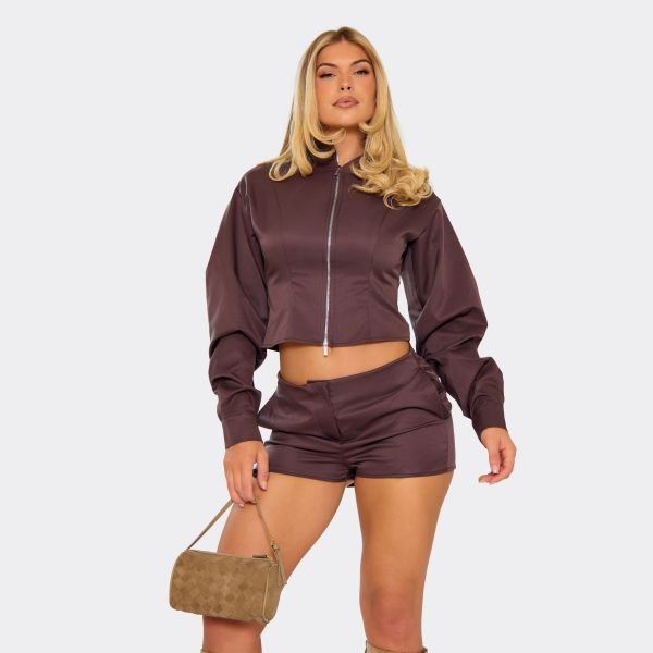 EGO Balloon Sleeve Double Zip Up Cinched Waist Jacket In Chocolate Brown Woven, Women's Size UK 6 - 2