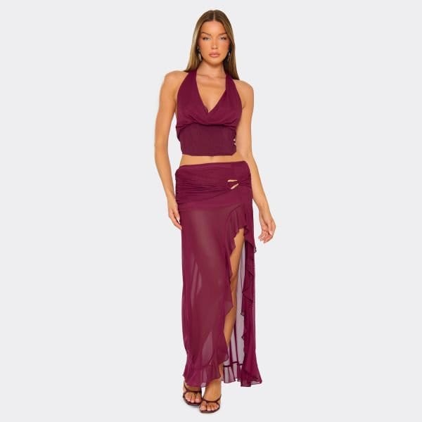 EGO Low Waist Ruched Trim Detail Maxi Skirt In Plum, Women's Size UK 6 - 1
