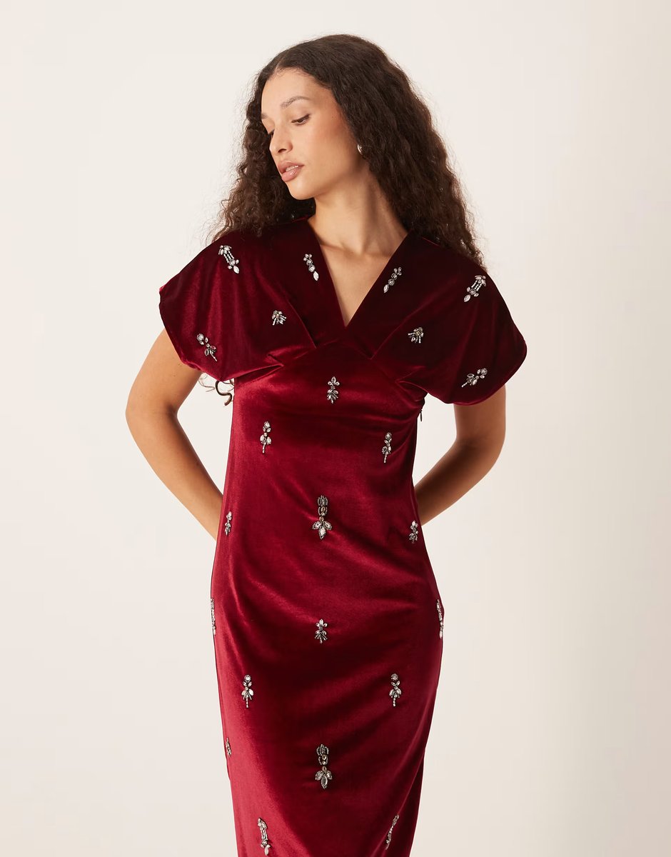 ASOS Hope & Ivy v-neck embellished velvet midi dress in burgundy - 3