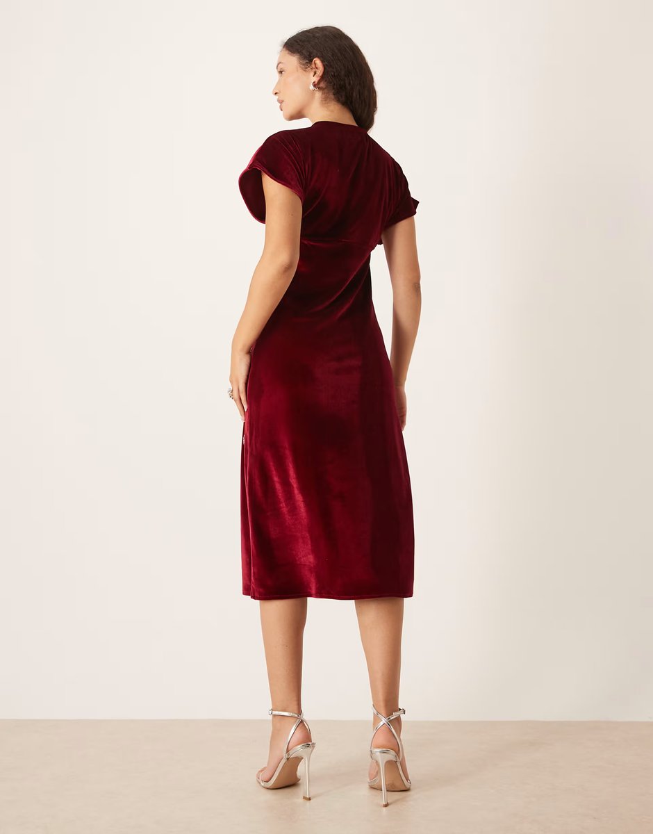 ASOS Hope & Ivy v-neck embellished velvet midi dress in burgundy - 4