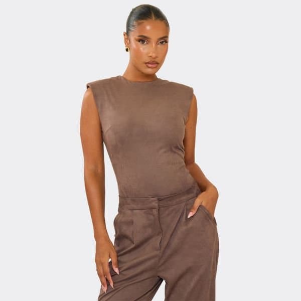EGO Crew Neck Sleeveless Shoulder Pad Detail Bodysuit In Taupe Faux Suede, Women's Size UK 6