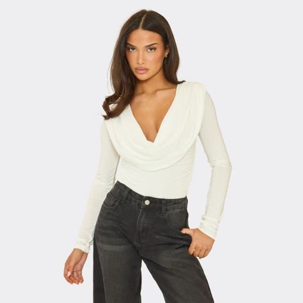 EGO Long Sleeve Shoulder Pad Cowl Detail Bodysuit In White Slinky, Women's Size UK 6