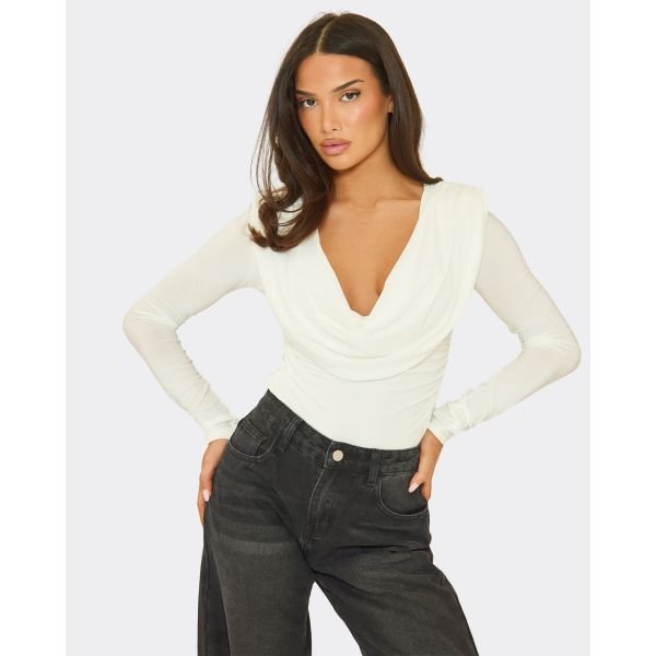EGO Long Sleeve Shoulder Pad Cowl Detail Bodysuit In White Slinky, Women's Size UK 6 - 2