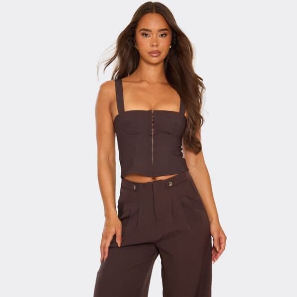 EGO Square Neck Hook And Eye Corset Top In Chocolate Brown, Women's Size UK 4