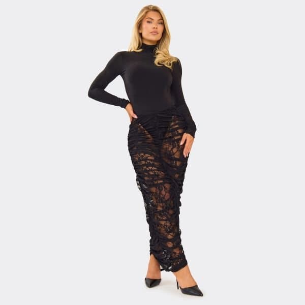 EGO Mid Waist Ruched Maxi Skirt In Black Lace, Women's Size UK 6