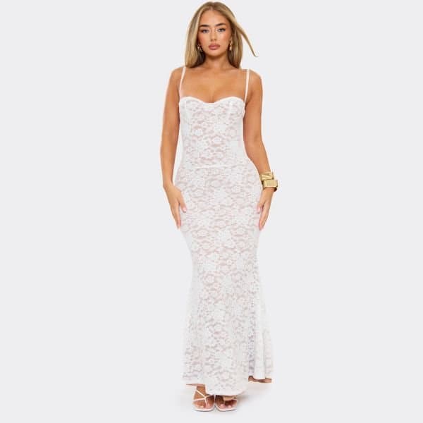 EGO Strappy Sweetheart Corset Detail Maxi Dress In Cream Lace, Women's Size UK 10