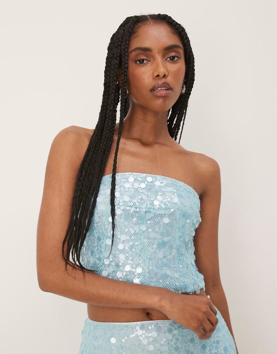 ASOS Amy Lynn disc sequin cropped bandeau top co-ord in aqua blue