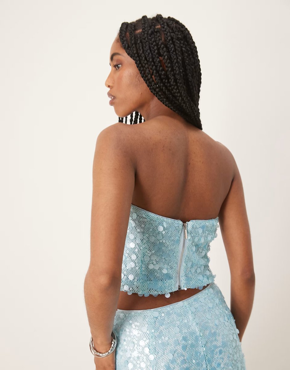 ASOS Amy Lynn disc sequin cropped bandeau top co-ord in aqua blue - 2