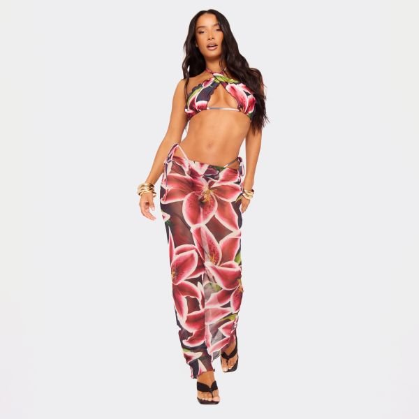 EGO Mid Rise Maxi Skirt In Red Orchid Print, Women's Size UK 6 - 2