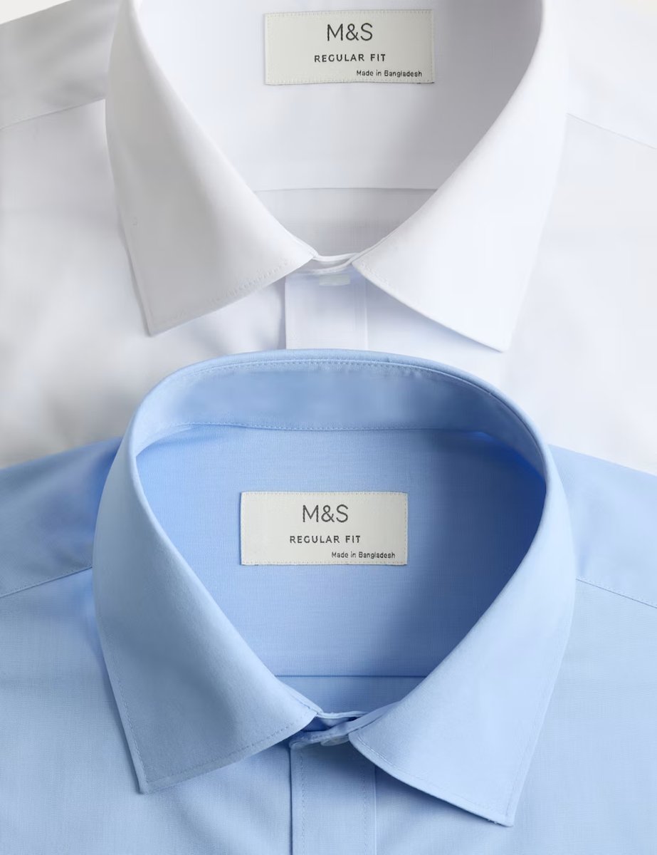 Marks & Spencer M&S 2 Pack Regular Fit Easy Iron Cotton Blend Shirts White/Med Blue - 2