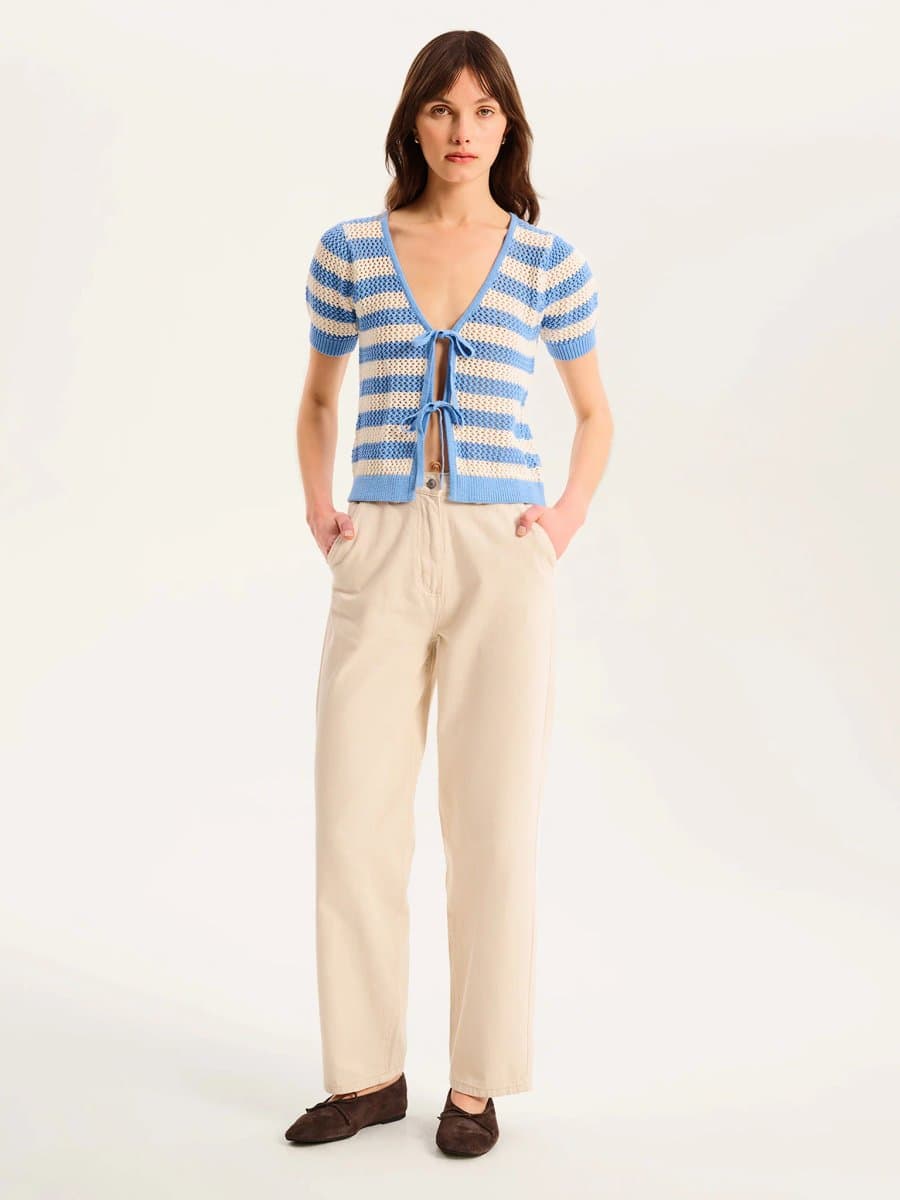 OMNES OMNES Chic V-Neck Striped Knit Top in Blue and White