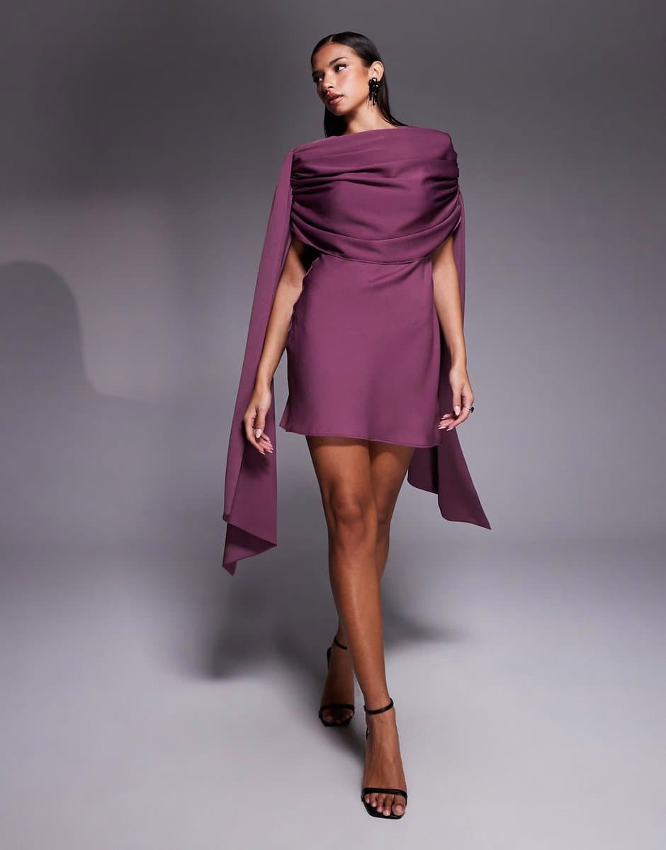 ASOS ASOS DESIGN satin shoulder pad mini dress with ruched bodice overlay and side sash details in grape