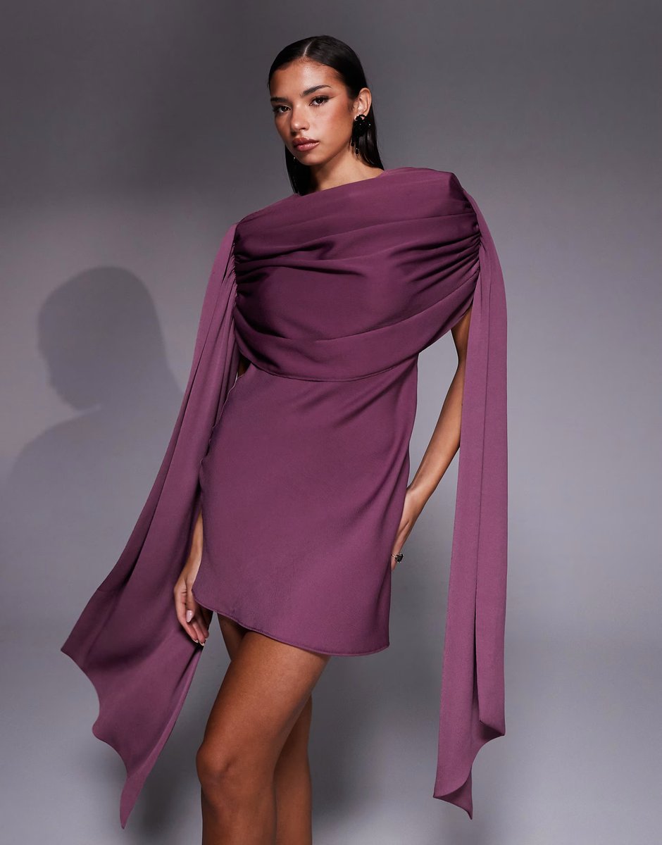 ASOS ASOS DESIGN satin shoulder pad mini dress with ruched bodice overlay and side sash details in grape - 3