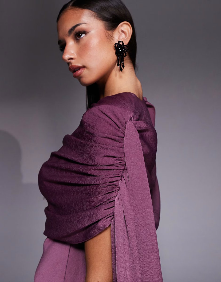 ASOS ASOS DESIGN satin shoulder pad mini dress with ruched bodice overlay and side sash details in grape - 4