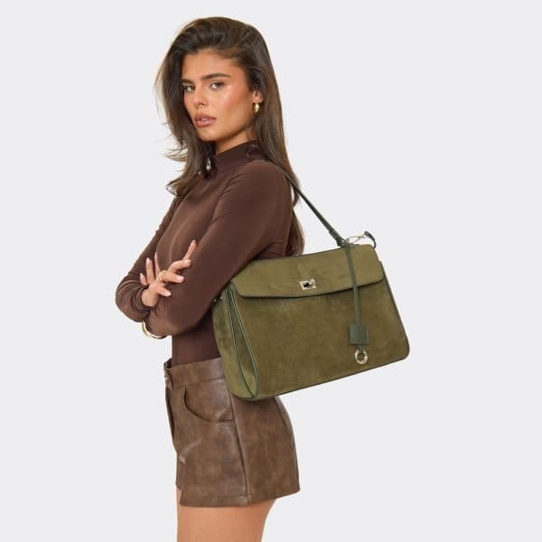 EGO Anchor Lock Detail Tote Shoulder Bag In Khaki Faux Suede, Women's Size UK One Size - 1