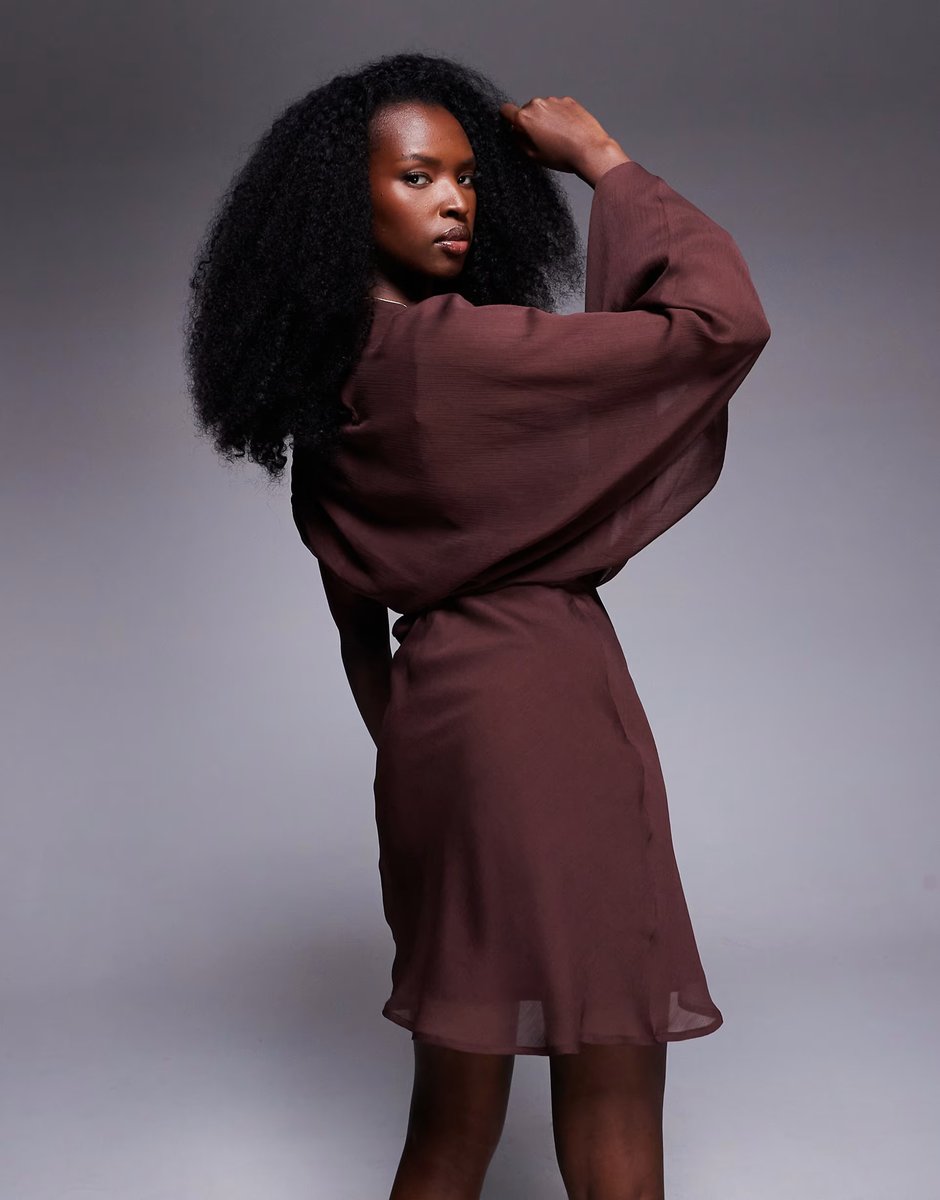 ASOS ASOS DESIGN high neck draped asymmetric mini dress with cut out in chocolate - 3
