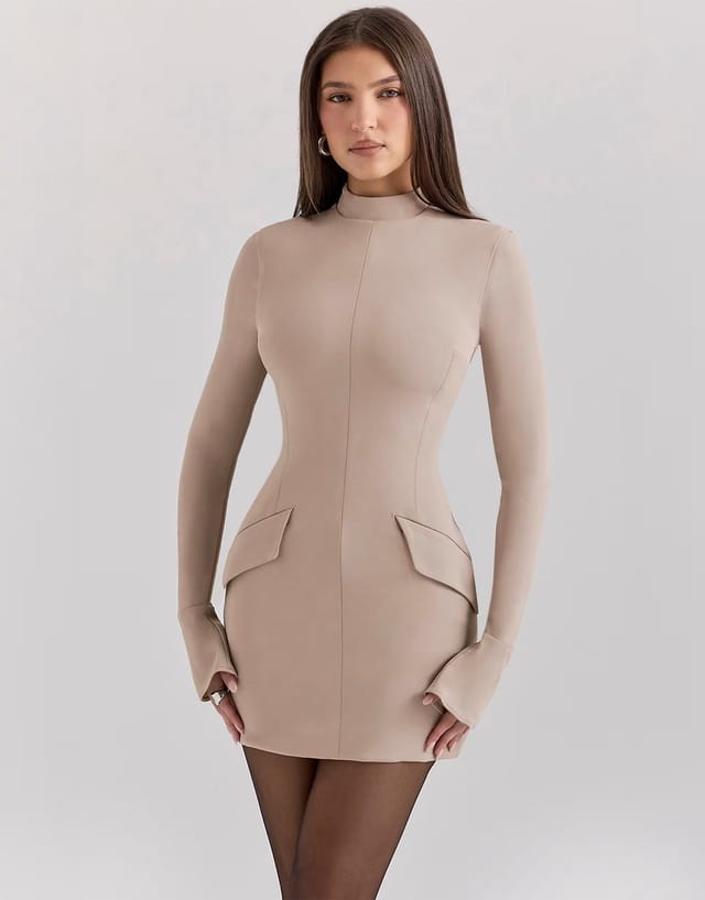 ASOS House of CB Mahalia long sleeve mini dress in taupe - 2