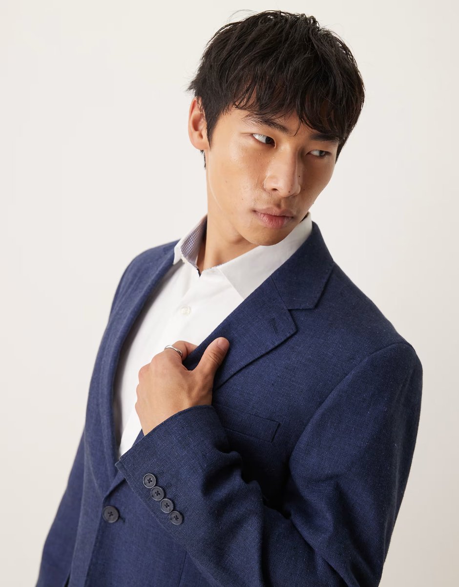 ASOS Selected Malik linen blend regular fit blazer in navy - 3