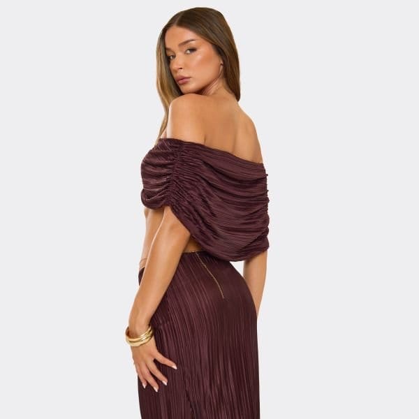 EGO Bardot Knot Front Detail Ruched Crop Top In Brown, Women's Size UK 10 - 2