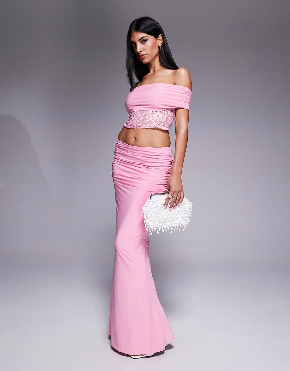 ASOS Missyempire double sculpted slinky ruched side detail maxi skirt co-ord in pink