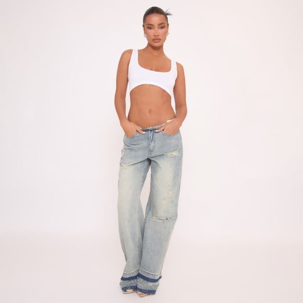 EGO Low Rise Frayed Distressed Hem Detail Straight Leg Jeans In Blue Denim, Women's Size UK 4 - 1