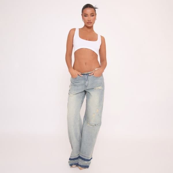 EGO Low Rise Frayed Distressed Hem Detail Straight Leg Jeans In Blue Denim, Women's Size UK 4