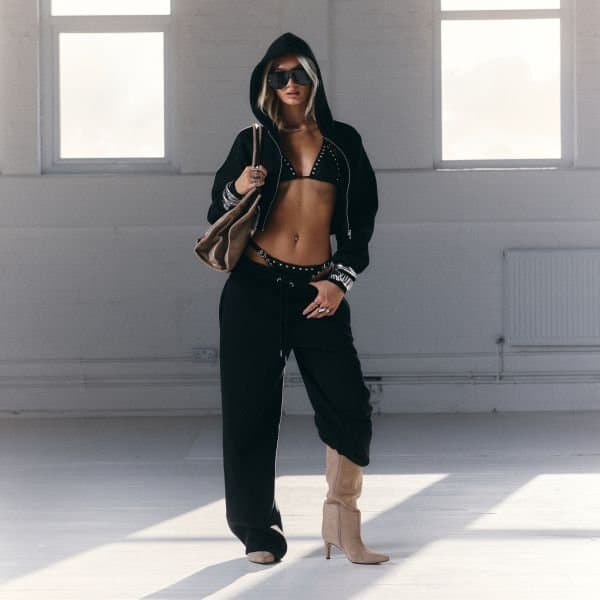 EGO Drawstring Waist Wide Leg Joggers In Black, Women's Size UK 4