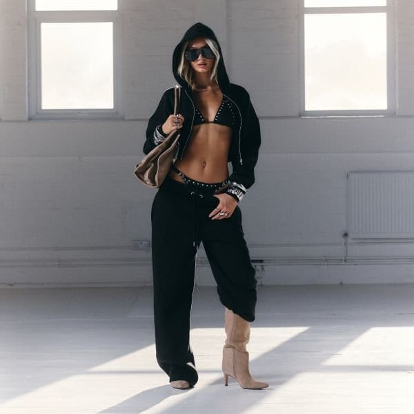 EGO Drawstring Waist Wide Leg Joggers In Black, Women's Size UK 4 - 1
