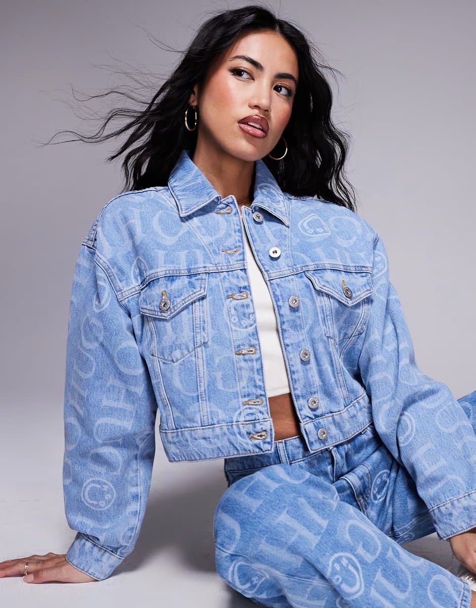ASOS HUGO Blue galatea co-ord all over print logo denim jacket in blue