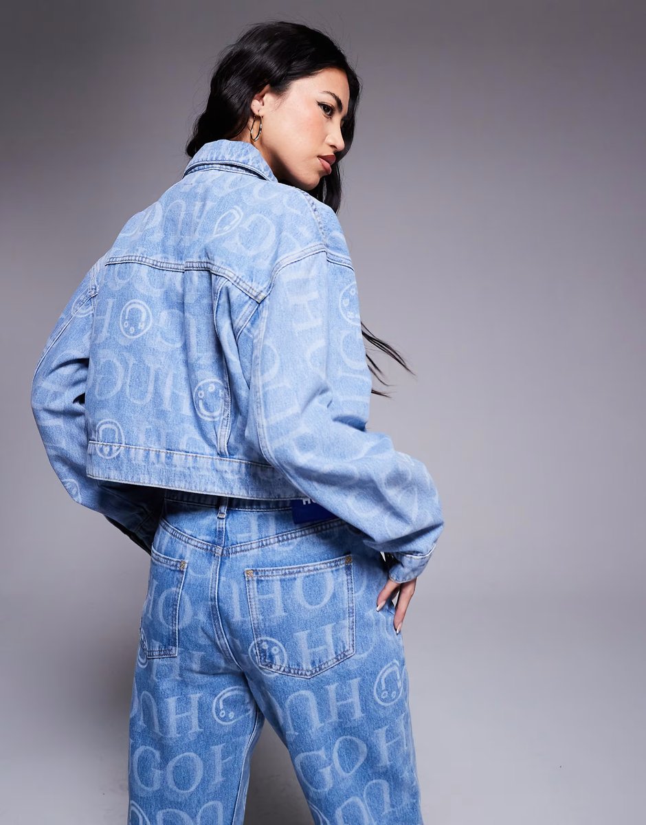 ASOS HUGO Blue galatea co-ord all over print logo denim jacket in blue - 3