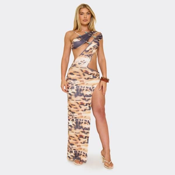 EGO Asymmetric Beaded Strap Cut Out Side Split Maxi Dress In Animal Print, Women's Size UK 6