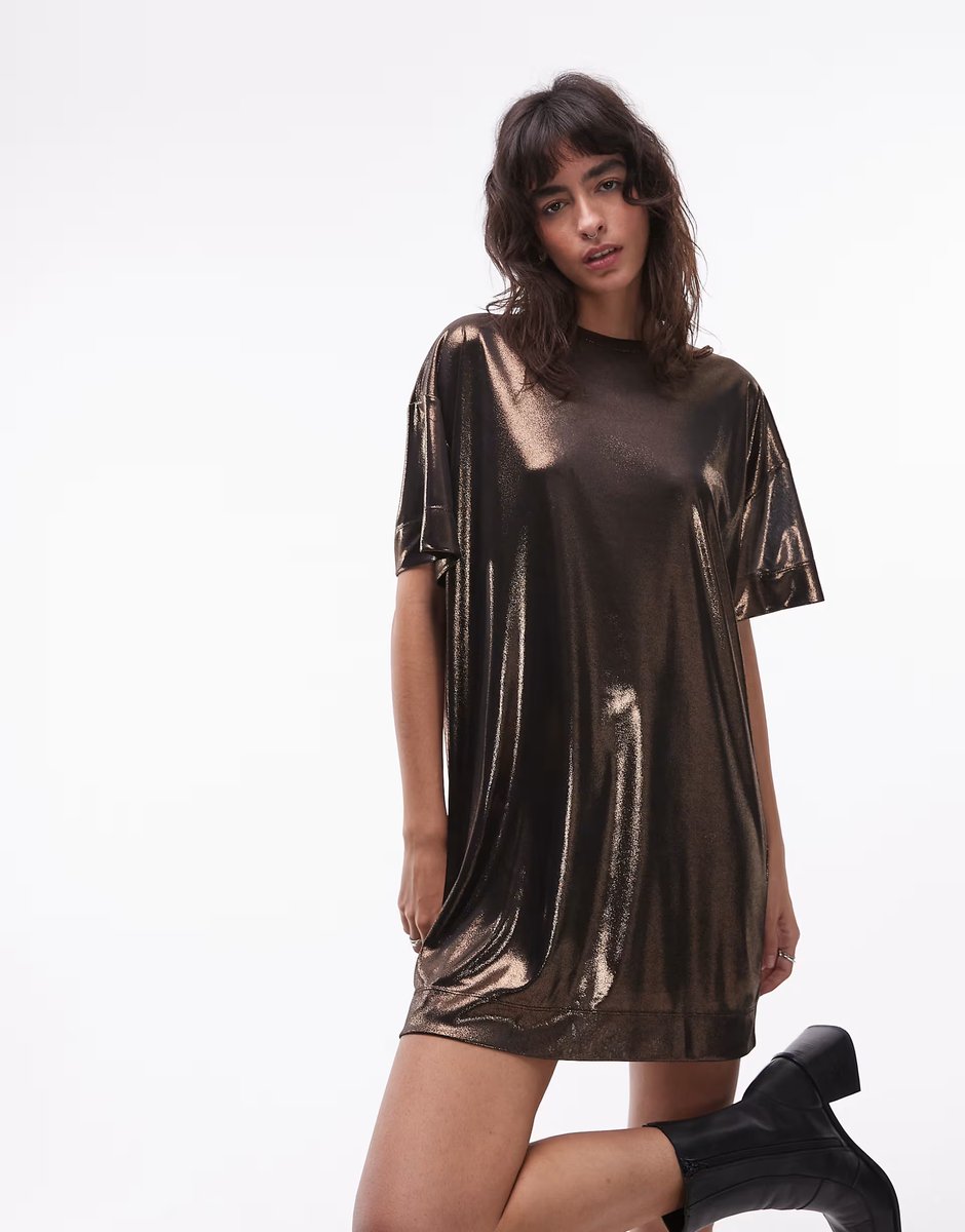 ASOS Allsaints sparkle t-shirt metallic dress in gold - 3