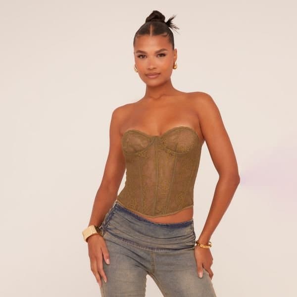 EGO Bandeau Structured Detail Corset Top In Khaki Lace, Women's Size UK 10